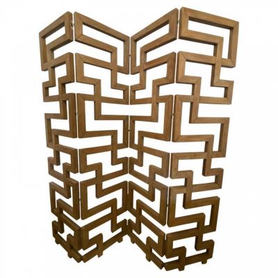 French Mid Century Modern Cerused Oak 4 Panel Folding Screen Divider