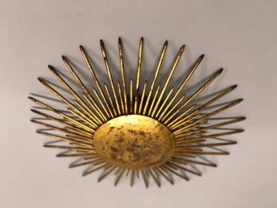 French Mid Century Modern Neoclassical Gilt Iron Sunburst Flush Mount or Pendant