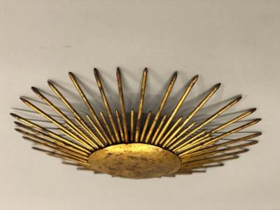 French Mid Century Modern Neoclassical Gilt Iron Sunburst Flush Mount or Pendant