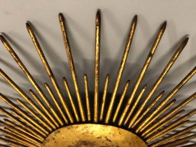 French Mid Century Modern Neoclassical Gilt Iron Sunburst Flush Mount or Pendant