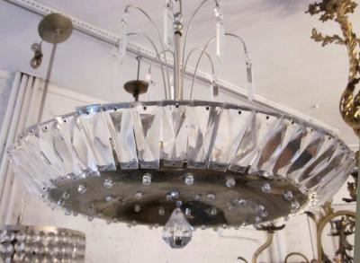 French Mid Century Modern Neoclassical Nickel and Crystal Chandelier Pendant