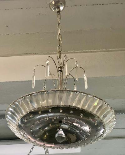 French Mid Century Modern Neoclassical Nickel and Crystal Chandelier Pendant