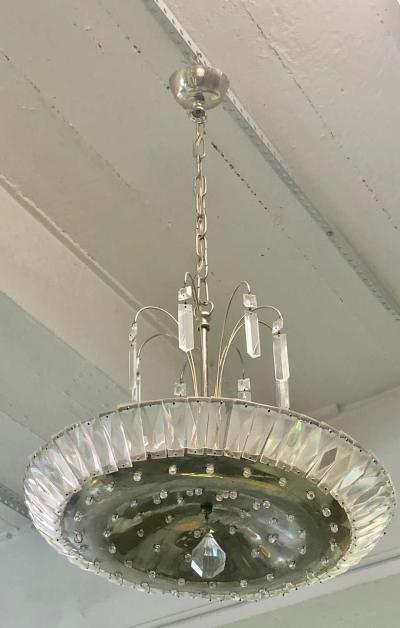 French Mid Century Modern Neoclassical Nickel and Crystal Chandelier Pendant