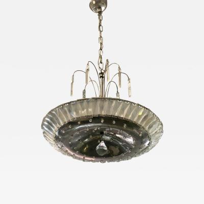 French Mid Century Modern Neoclassical Nickel and Crystal Chandelier Pendant