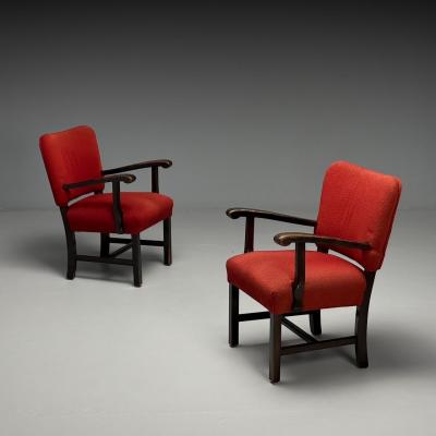 French Mid Century Modern Occasional Arm Chairs Wood Boucle France 1980s