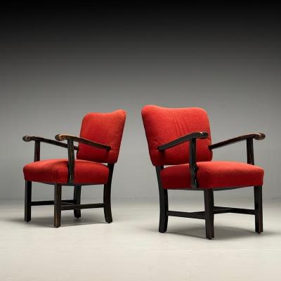 French Mid Century Modern Occasional Arm Chairs Wood Boucle France 1980s