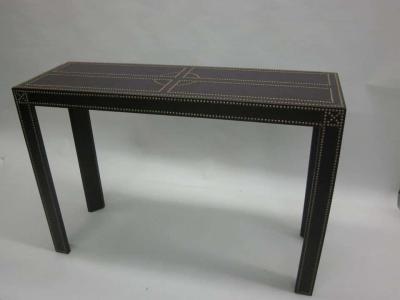 French Mid Century Modern Studded Leather Console Sofa Table by Pierre Lottier