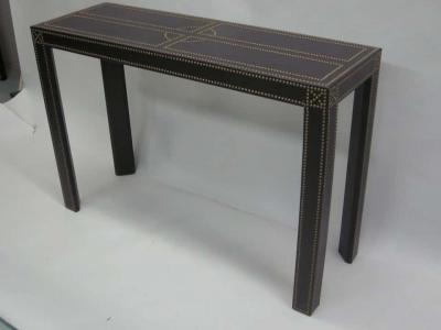 French Mid Century Modern Studded Leather Console Sofa Table by Pierre Lottier