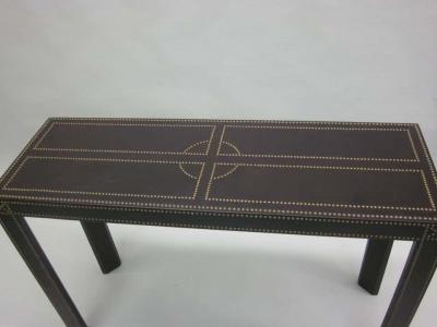 French Mid Century Modern Studded Leather Console Sofa Table by Pierre Lottier