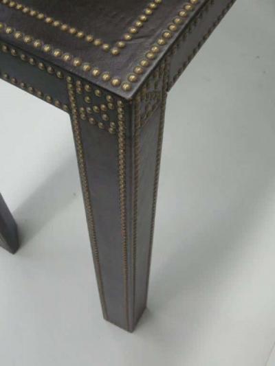 French Mid Century Modern Studded Leather Console Sofa Table by Pierre Lottier