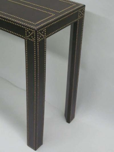 French Mid Century Modern Studded Leather Console Sofa Table by Pierre Lottier