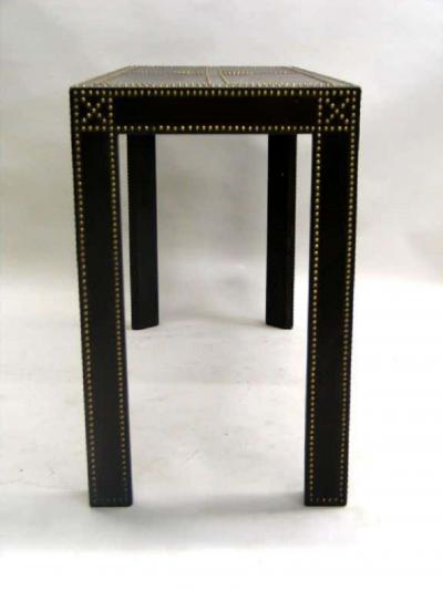 French Mid Century Modern Studded Leather Console Sofa Table by Pierre Lottier