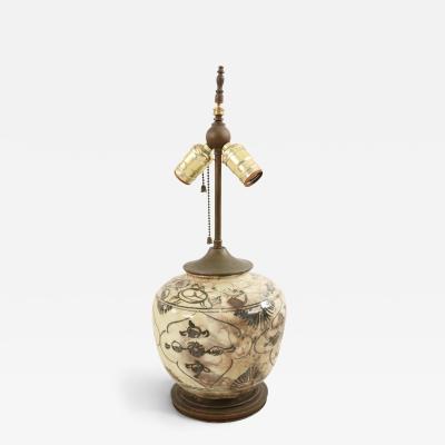 French Mid Century Table Lamp with 18th Century Persian Black and Beige Vase