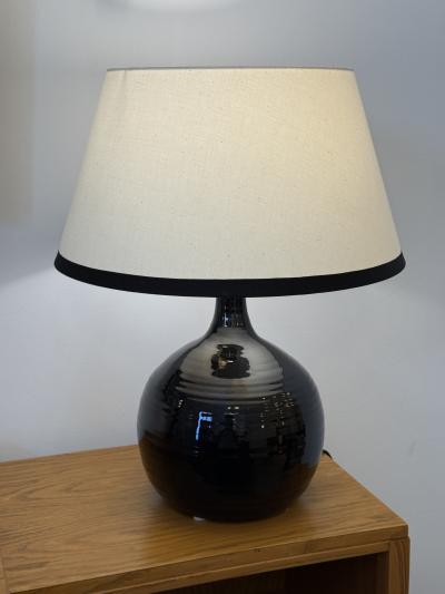 French Midcentury Black Glazed Ceramic Table Lamp Signed B Aoustin circa 1960