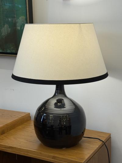 French Midcentury Black Glazed Ceramic Table Lamp Signed B Aoustin circa 1960