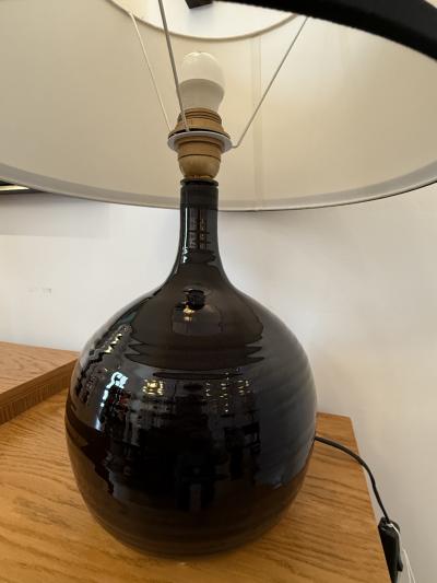French Midcentury Black Glazed Ceramic Table Lamp Signed B Aoustin circa 1960