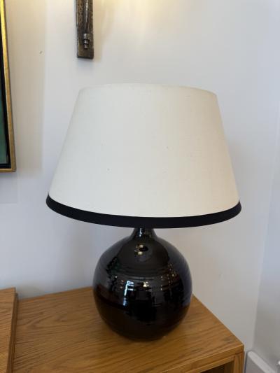 French Midcentury Black Glazed Ceramic Table Lamp Signed B Aoustin circa 1960