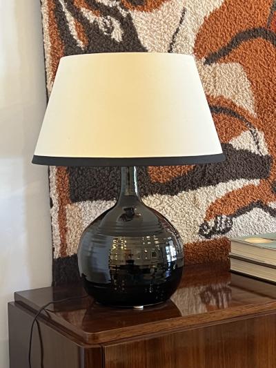 French Midcentury Black Glazed Ceramic Table Lamp Signed B Aoustin circa 1960