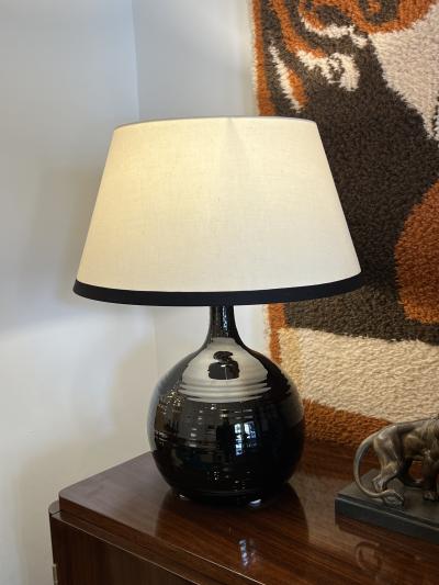 French Midcentury Black Glazed Ceramic Table Lamp Signed B Aoustin circa 1960