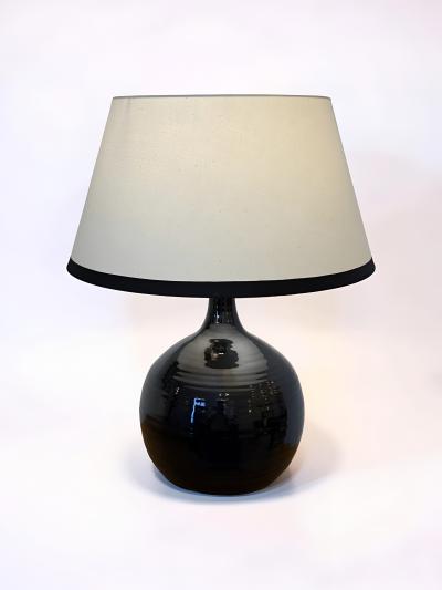 French Midcentury Black Glazed Ceramic Table Lamp Signed B Aoustin circa 1960