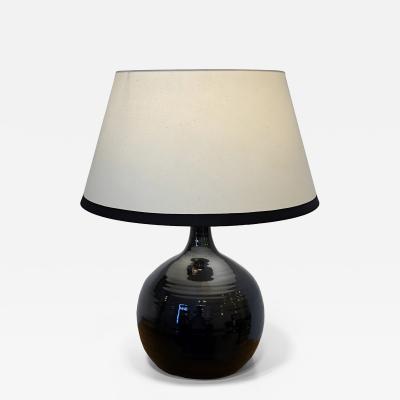 French Midcentury Black Glazed Ceramic Table Lamp Signed B Aoustin circa 1960