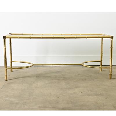 French Midcentury Brass Glass Faux Bamboo Coffee Table