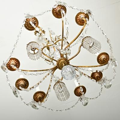 French Midcentury Brass and Crystal Chandelier