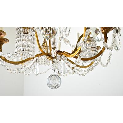 French Midcentury Brass and Crystal Chandelier
