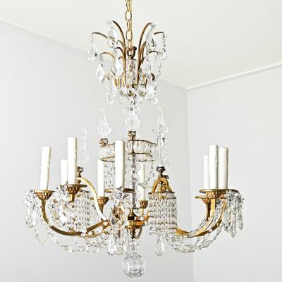 French Midcentury Brass and Crystal Chandelier