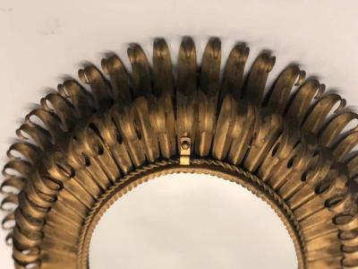French Midcentury Oval Gilt Iron Sunburst or Wall Mirror