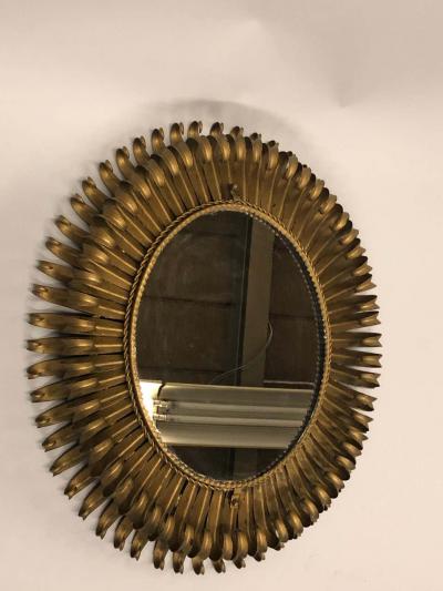 French Midcentury Oval Gilt Iron Sunburst or Wall Mirror