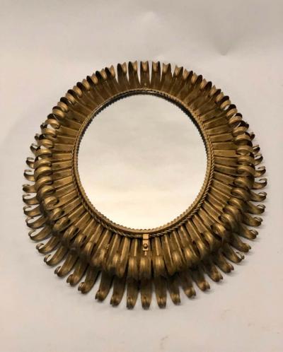 French Midcentury Oval Gilt Iron Sunburst or Wall Mirror