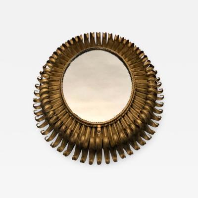 French Midcentury Oval Gilt Iron Sunburst or Wall Mirror
