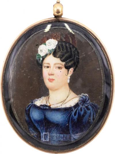 French Miniature Watercolor Female Portrait