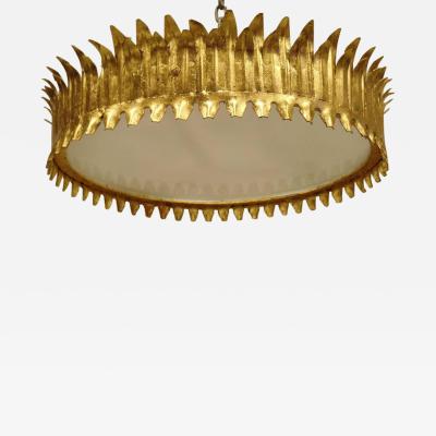 French Modern Neoclassical Gilt Iron Crown or Sunburst Flush Mount or Pendant