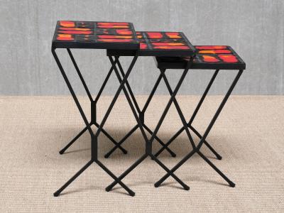 French Modern Set of 3 Nesting Tables with Red Orange Ceramic Tile Tops 1950s
