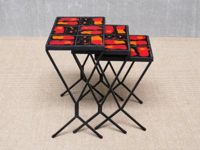 French Modern Set of 3 Nesting Tables with Red Orange Ceramic Tile Tops 1950s