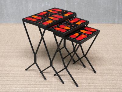 French Modern Set of 3 Nesting Tables with Red Orange Ceramic Tile Tops 1950s