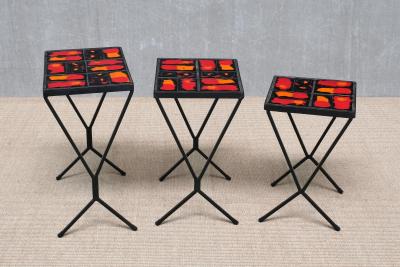 French Modern Set of 3 Nesting Tables with Red Orange Ceramic Tile Tops 1950s