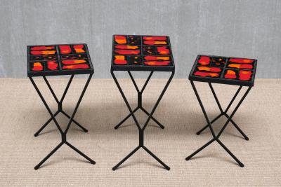 French Modern Set of 3 Nesting Tables with Red Orange Ceramic Tile Tops 1950s