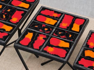 French Modern Set of 3 Nesting Tables with Red Orange Ceramic Tile Tops 1950s
