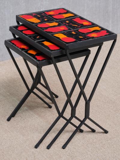 French Modern Set of 3 Nesting Tables with Red Orange Ceramic Tile Tops 1950s