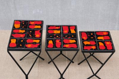 French Modern Set of 3 Nesting Tables with Red Orange Ceramic Tile Tops 1950s