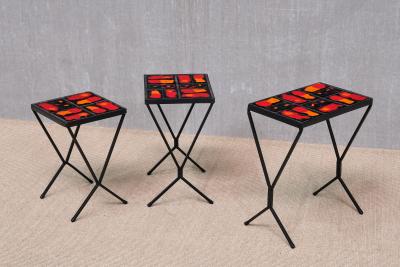 French Modern Set of 3 Nesting Tables with Red Orange Ceramic Tile Tops 1950s
