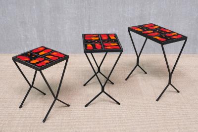French Modern Set of 3 Nesting Tables with Red Orange Ceramic Tile Tops 1950s