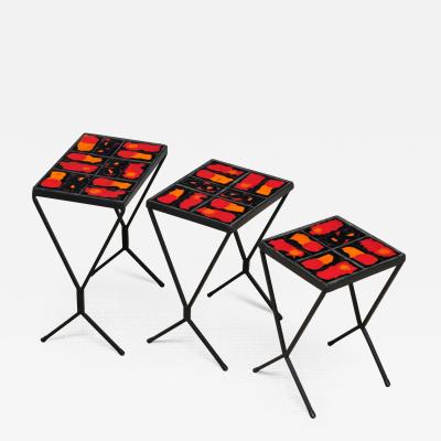 French Modern Set of 3 Nesting Tables with Red Orange Ceramic Tile Tops 1950s