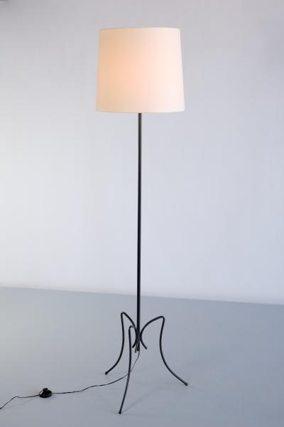 French Modern Three Legged Floor Lamp Black Iron and Ivory Shade 1950s