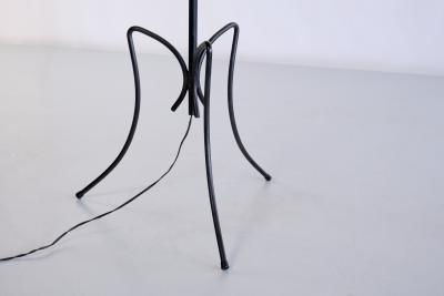 French Modern Three Legged Floor Lamp Black Iron and Ivory Shade 1950s