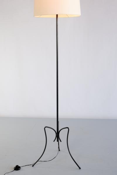 French Modern Three Legged Floor Lamp Black Iron and Ivory Shade 1950s