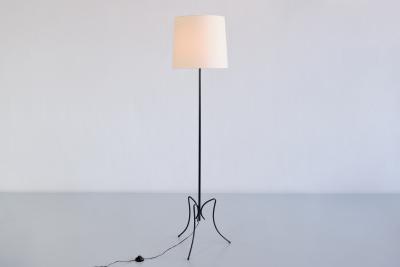 French Modern Three Legged Floor Lamp Black Iron and Ivory Shade 1950s